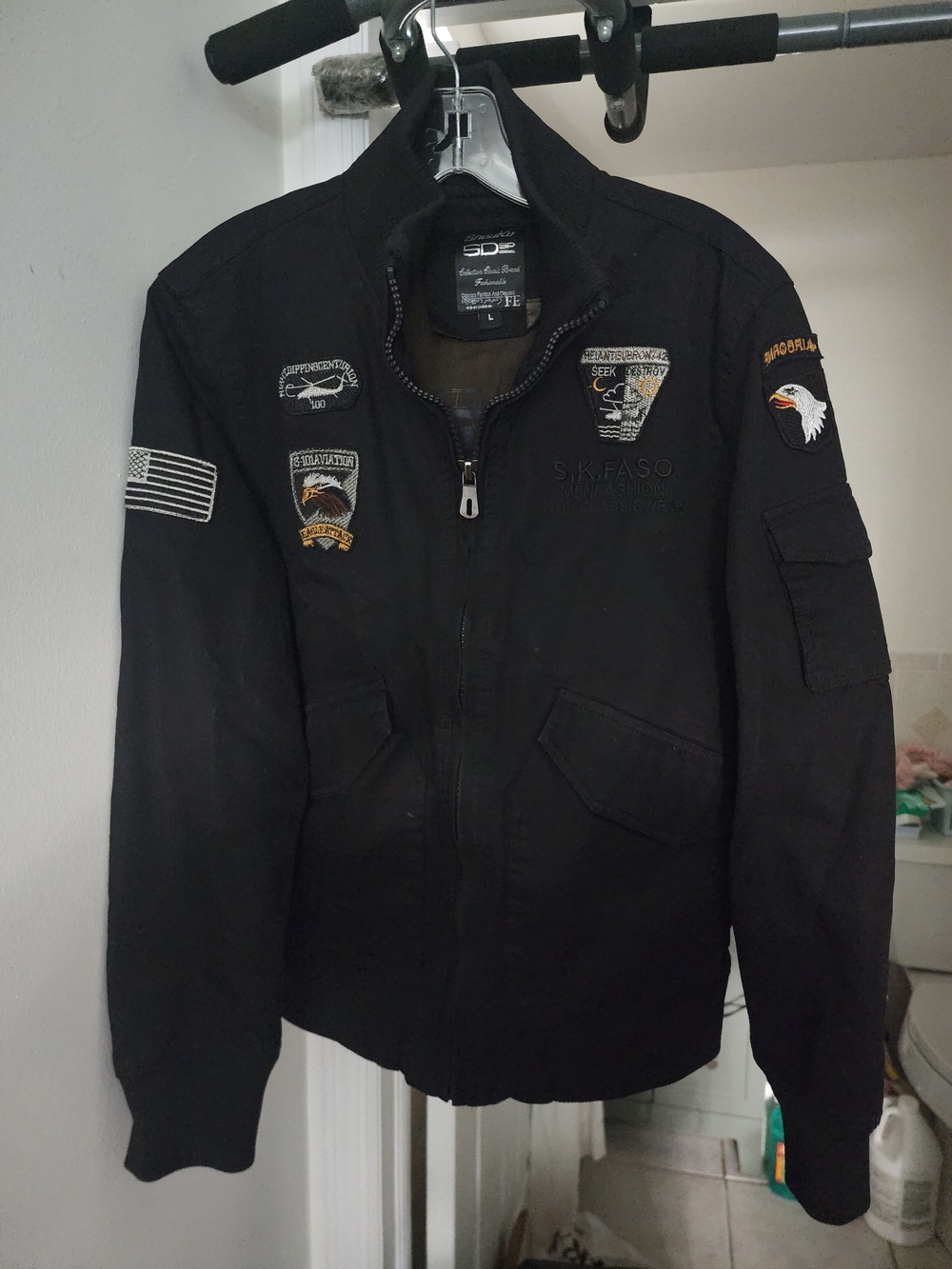 Men's Black Military-Style Field Jacket with Patch Details